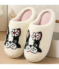 Dog & Flower Embroidered Cotton Slippers
