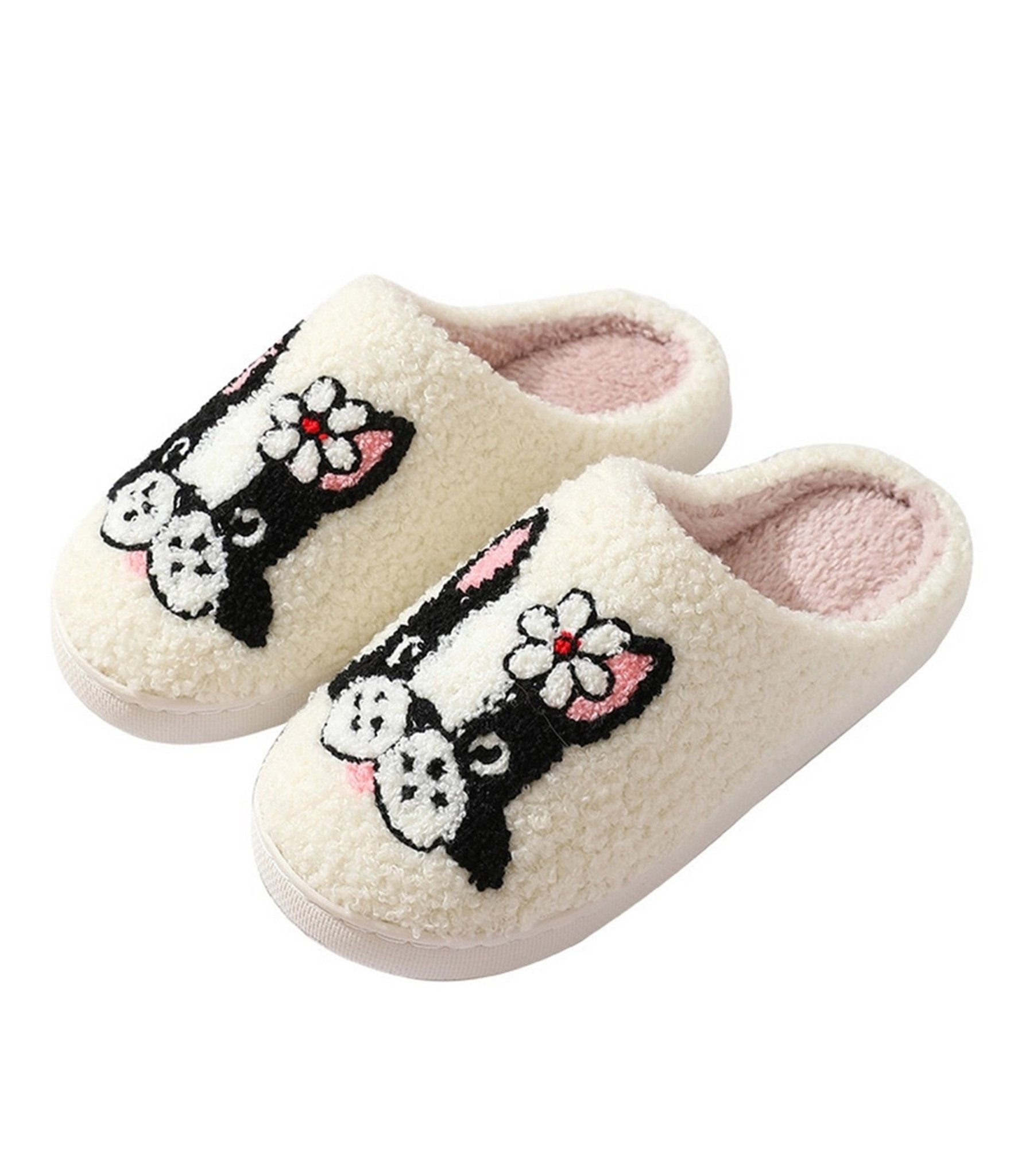 Dog & Flower Embroidered Cotton Slippers