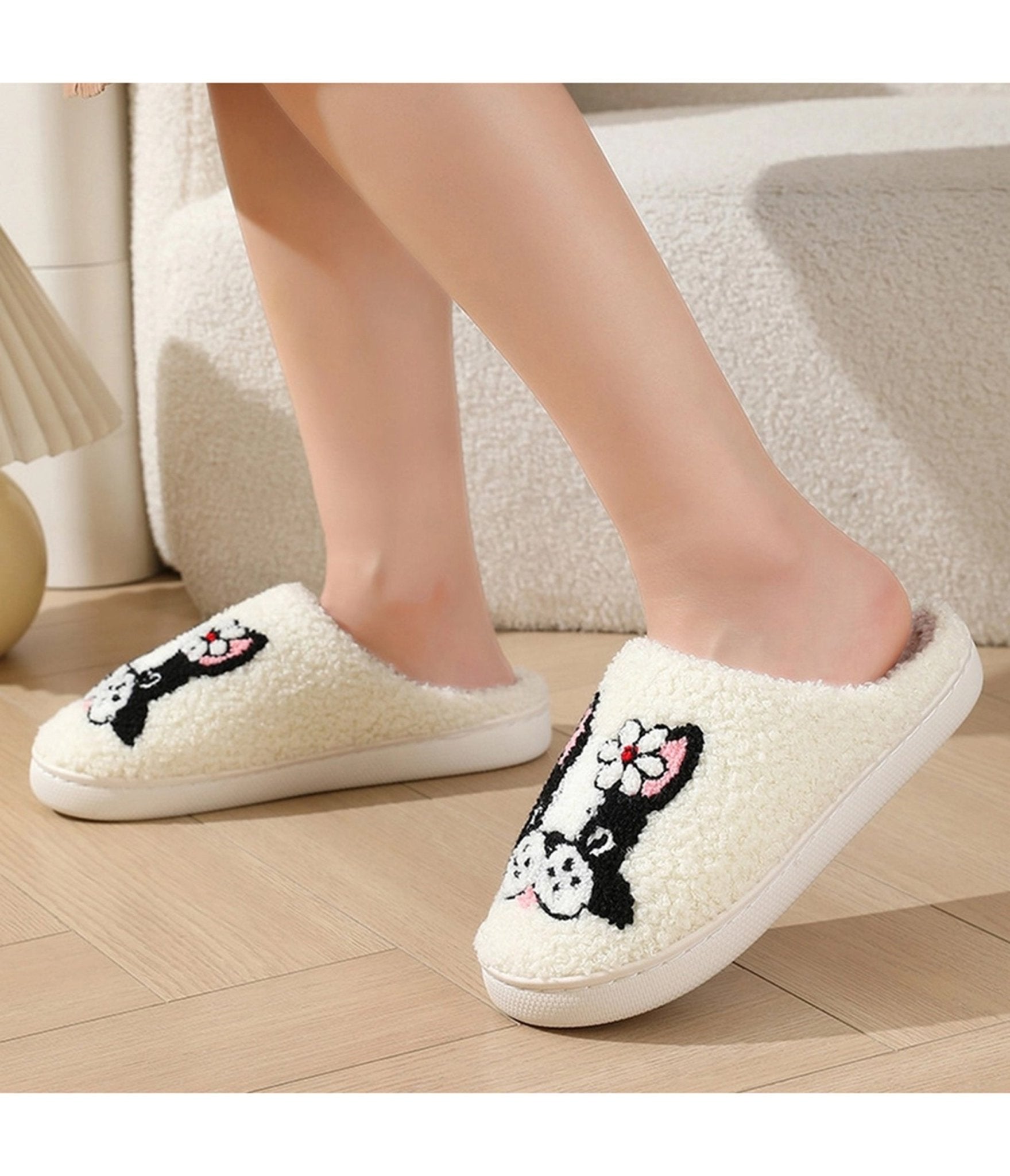 Dog & Flower Embroidered Cotton Slippers
