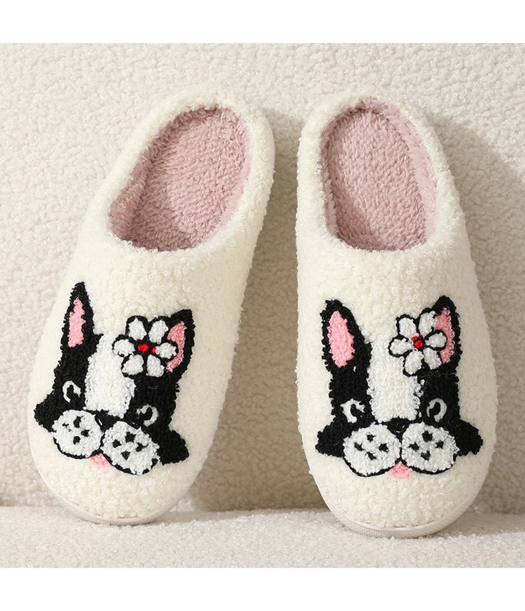 Dog & Flower Embroidered Cotton Slippers