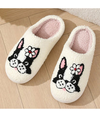 Dog & Flower Embroidered Cotton Slippers