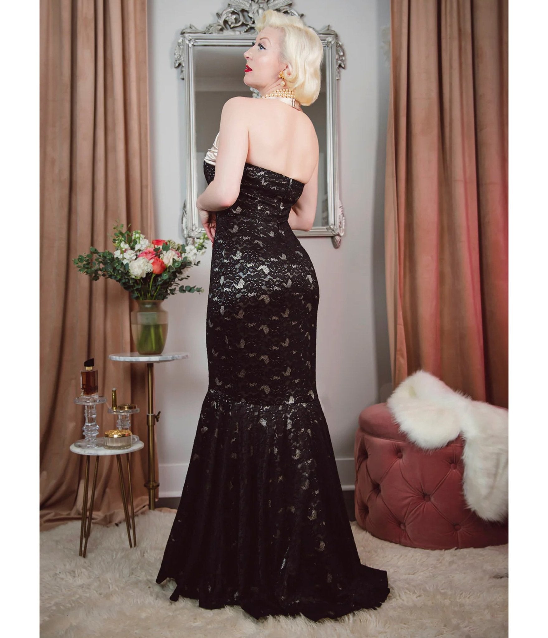 Elle Rebel Black Lace & Satin Mermaid Evening Gown