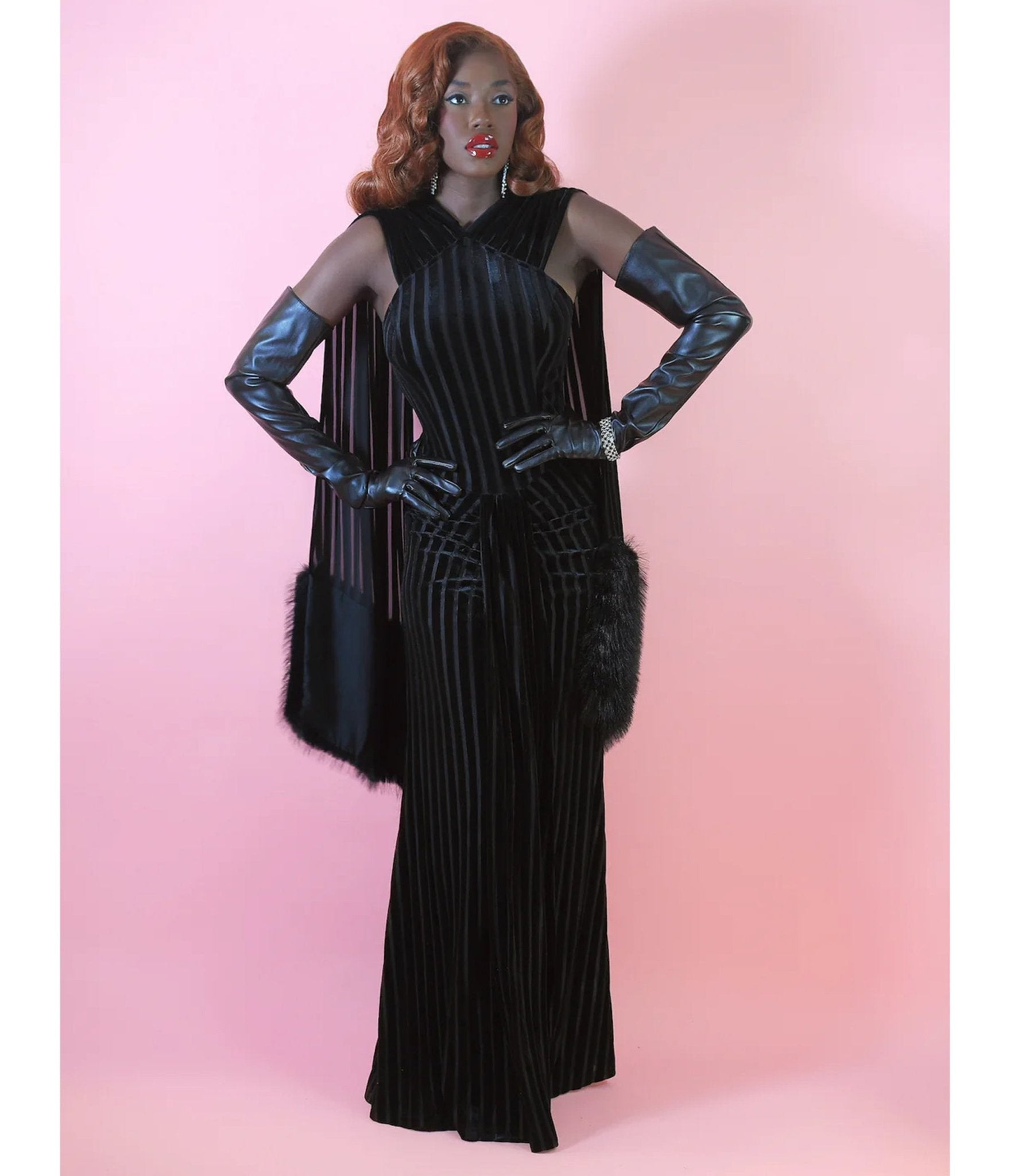 Elle Rebel Black Velvet Burnout Stripe Nocturne Gown