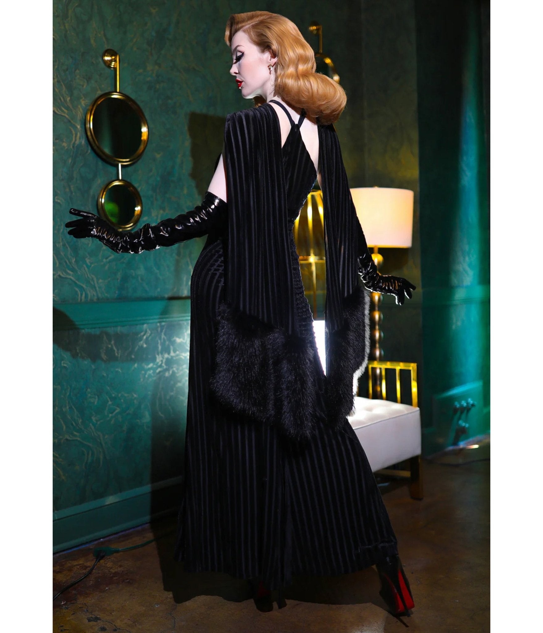 Elle Rebel Black Velvet Burnout Stripe Nocturne Gown