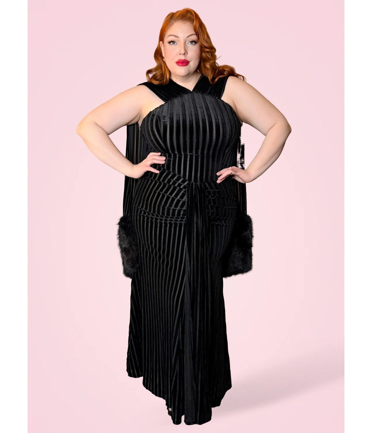 Elle Rebel Black Velvet Burnout Stripe Nocturne Gown