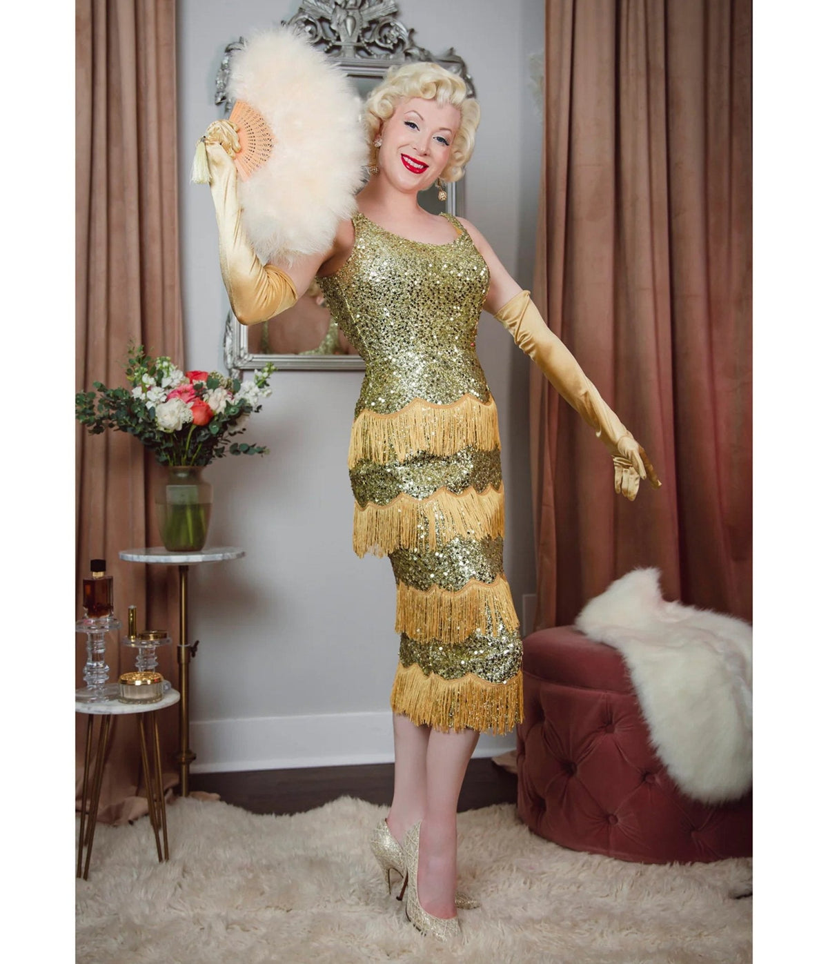 Elle Rebel Gold Sequin Studio Starlet Fringe Flapper Dress