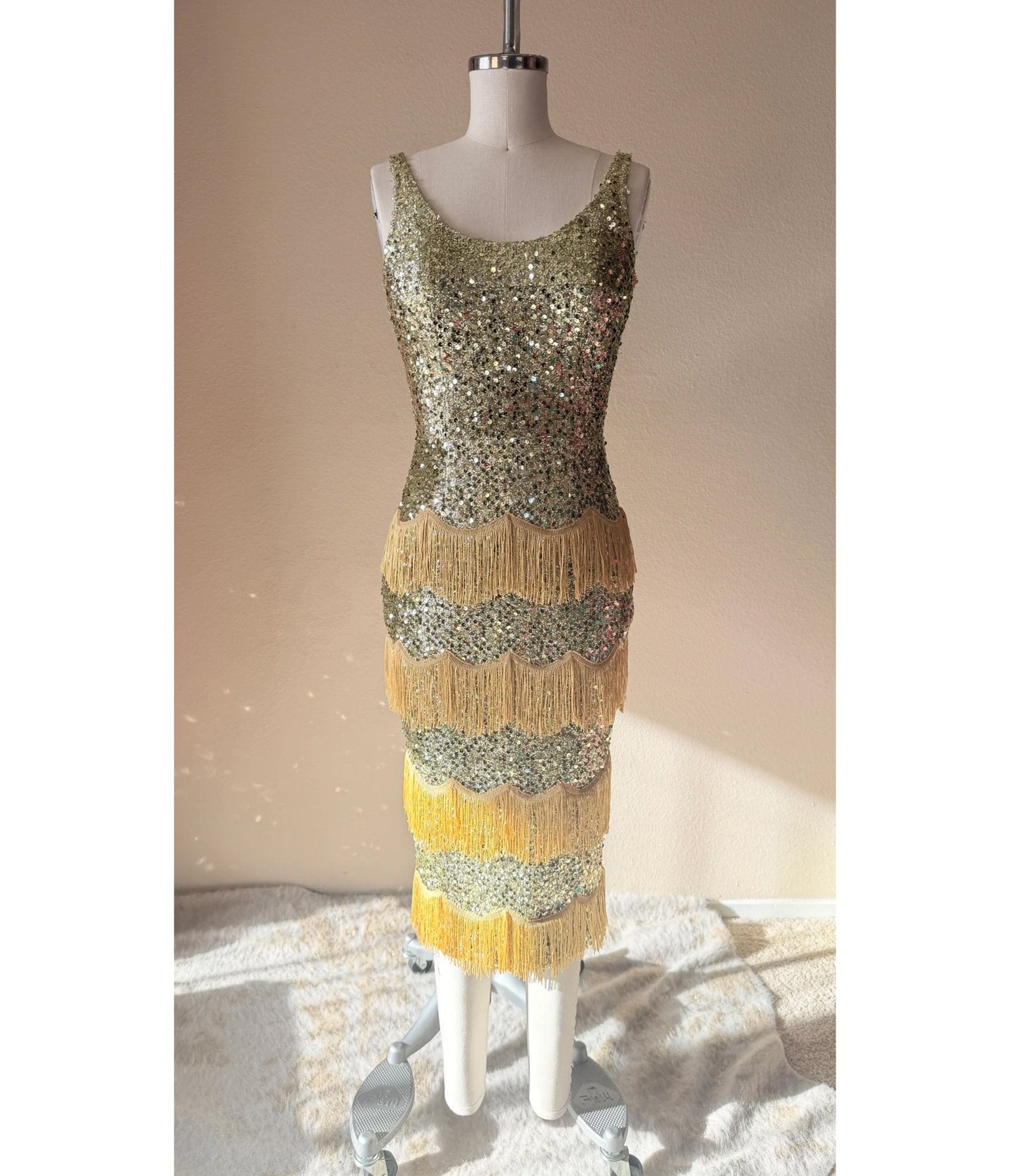 Elle Rebel Gold Sequin Studio Starlet Fringe Flapper Dress