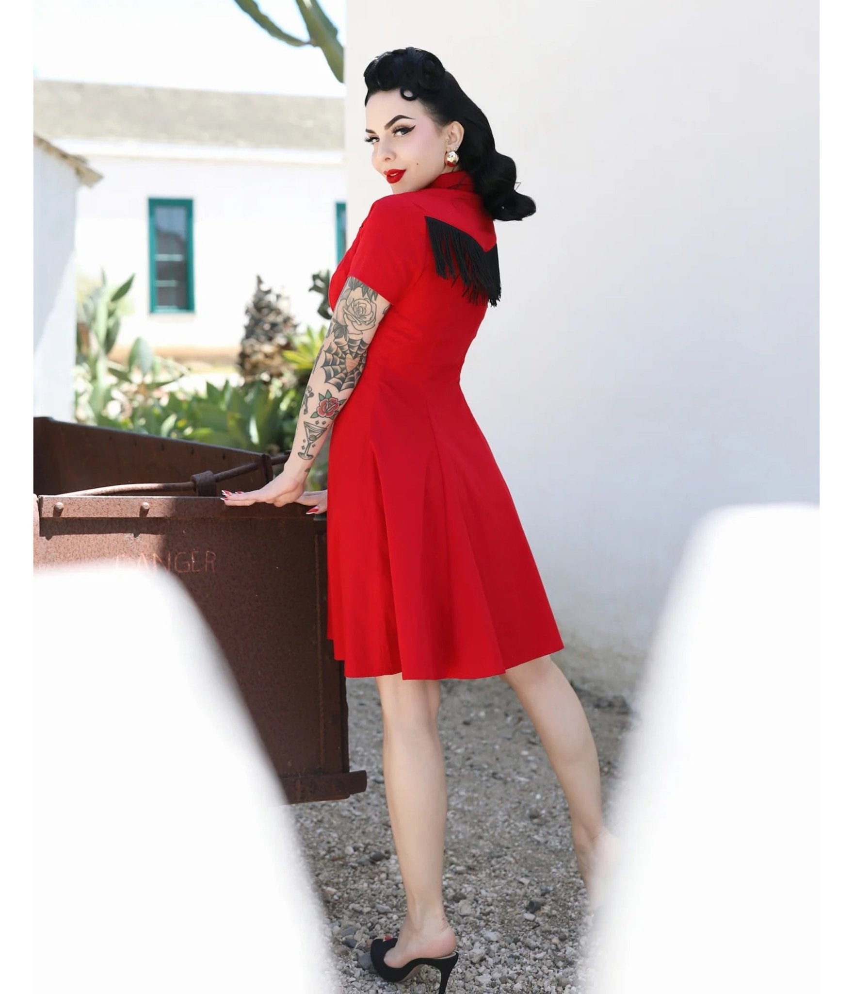 Elle Rebel Red Embroidered Western Shirt Dress