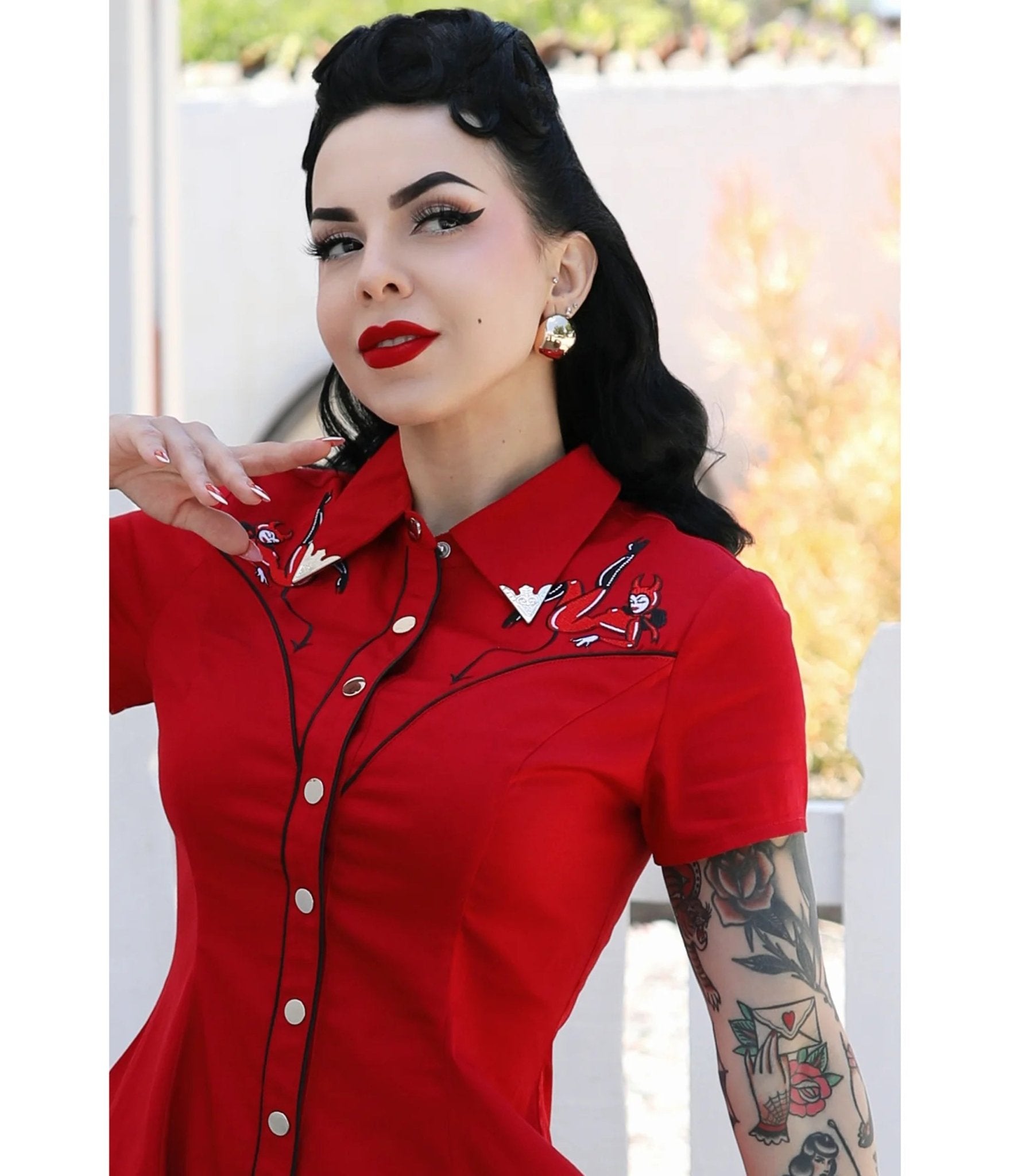 Elle Rebel Red Embroidered Western Shirt Dress