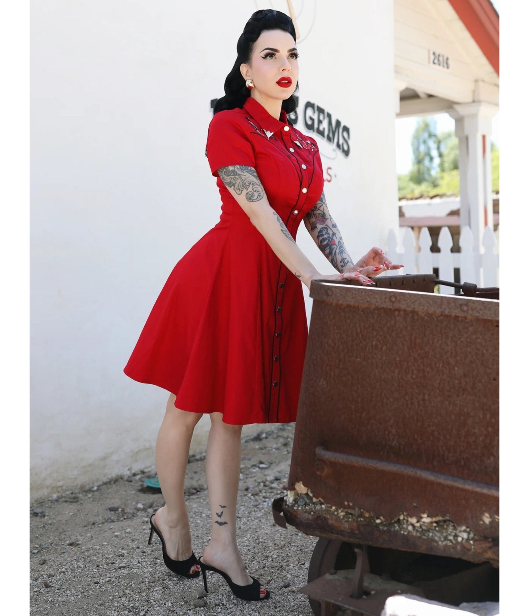Elle Rebel Red Embroidered Western Shirt Dress