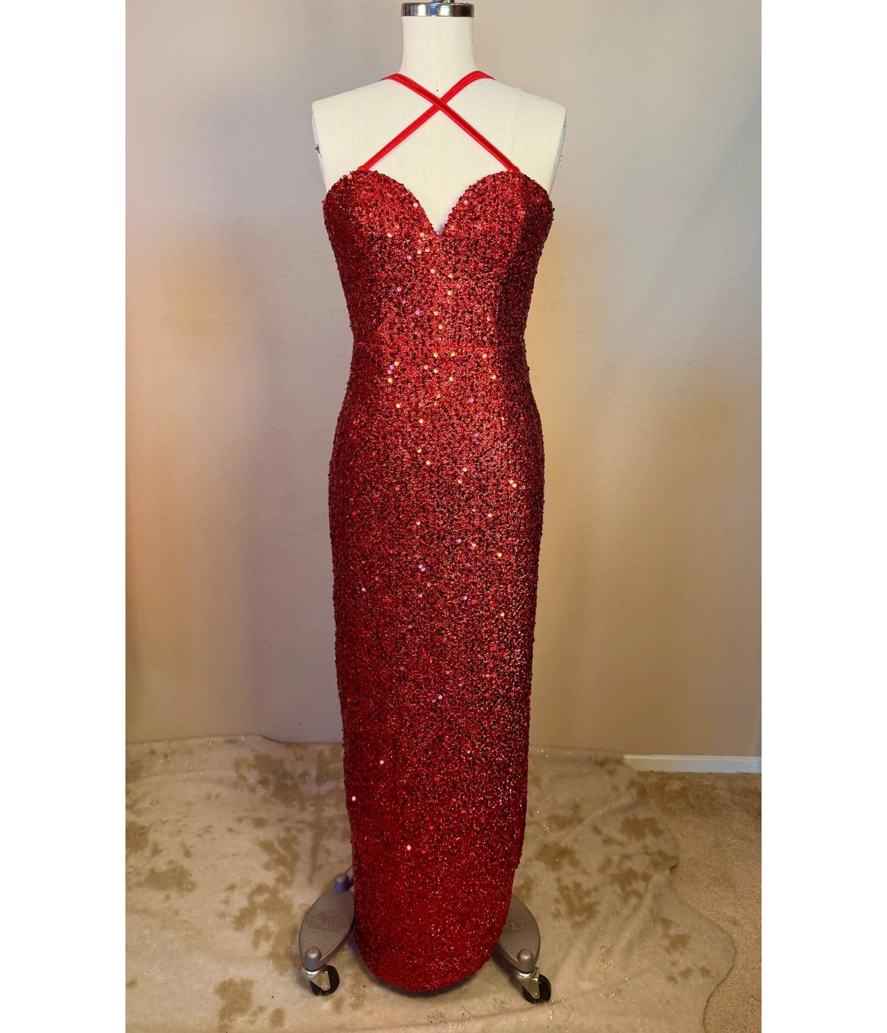 Elle Rebel Red Sequin Side Slit Evening Gown