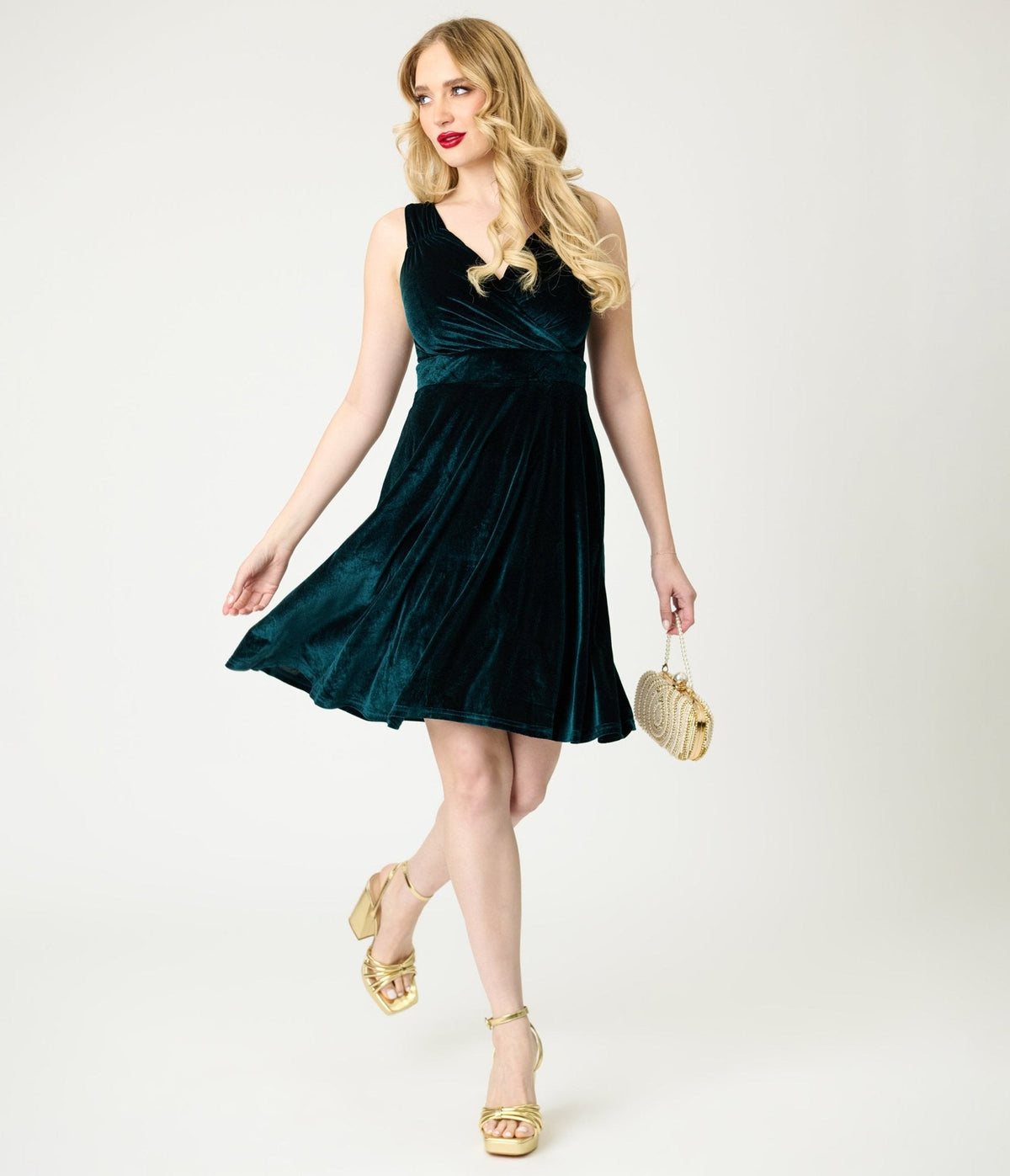Emerald Velvet Sleeveless Flare Dress