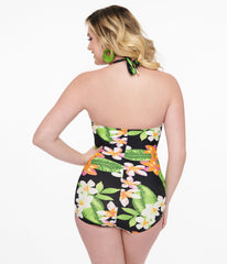 Esther Williams 1950s Black Tropical Print One Piece Swimsuit