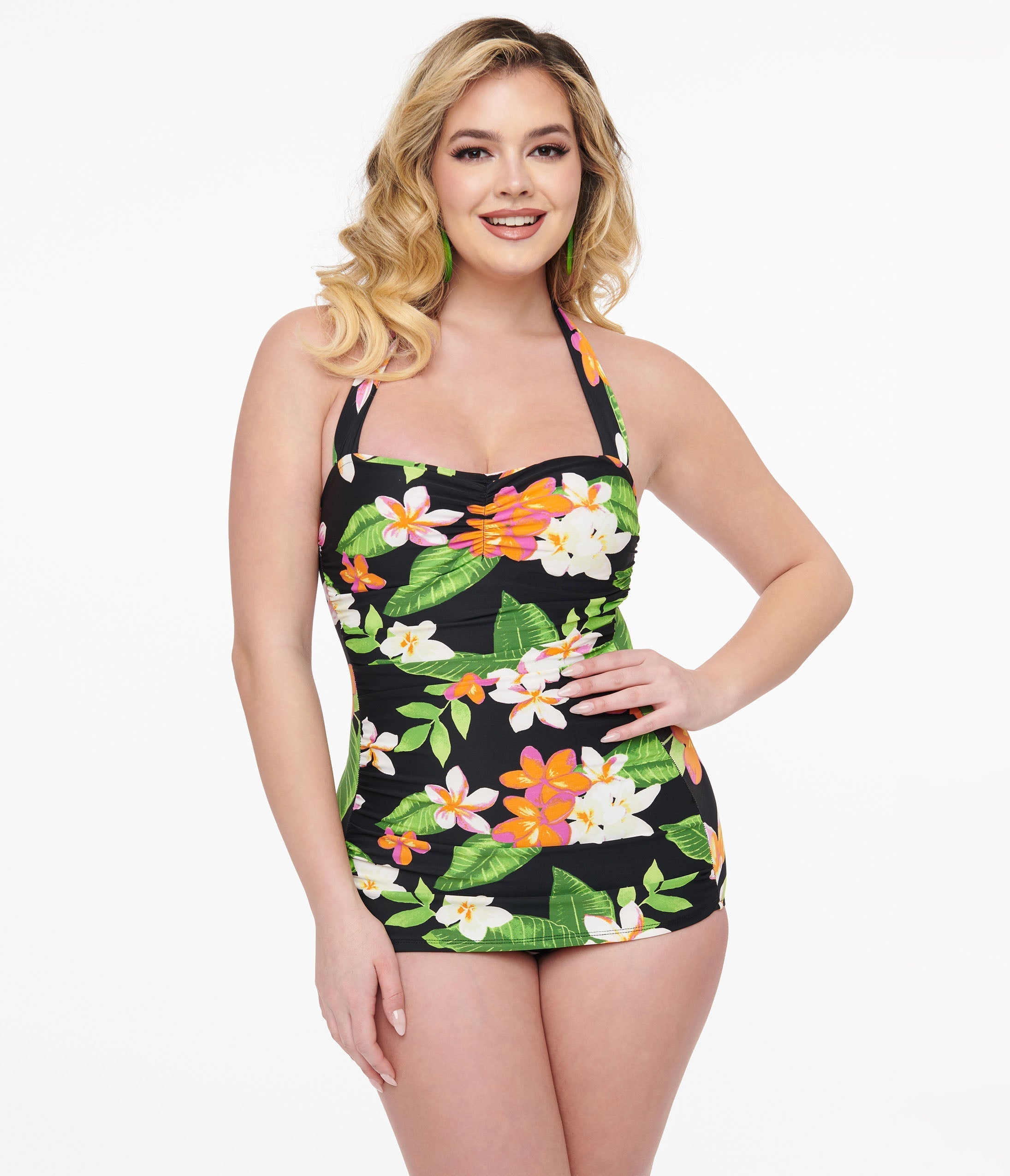 Esther Williams 1950s Black Tropical Print One Piece Swimsuit