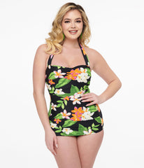 Esther Williams 1950s Black Tropical Print One Piece Swimsuit