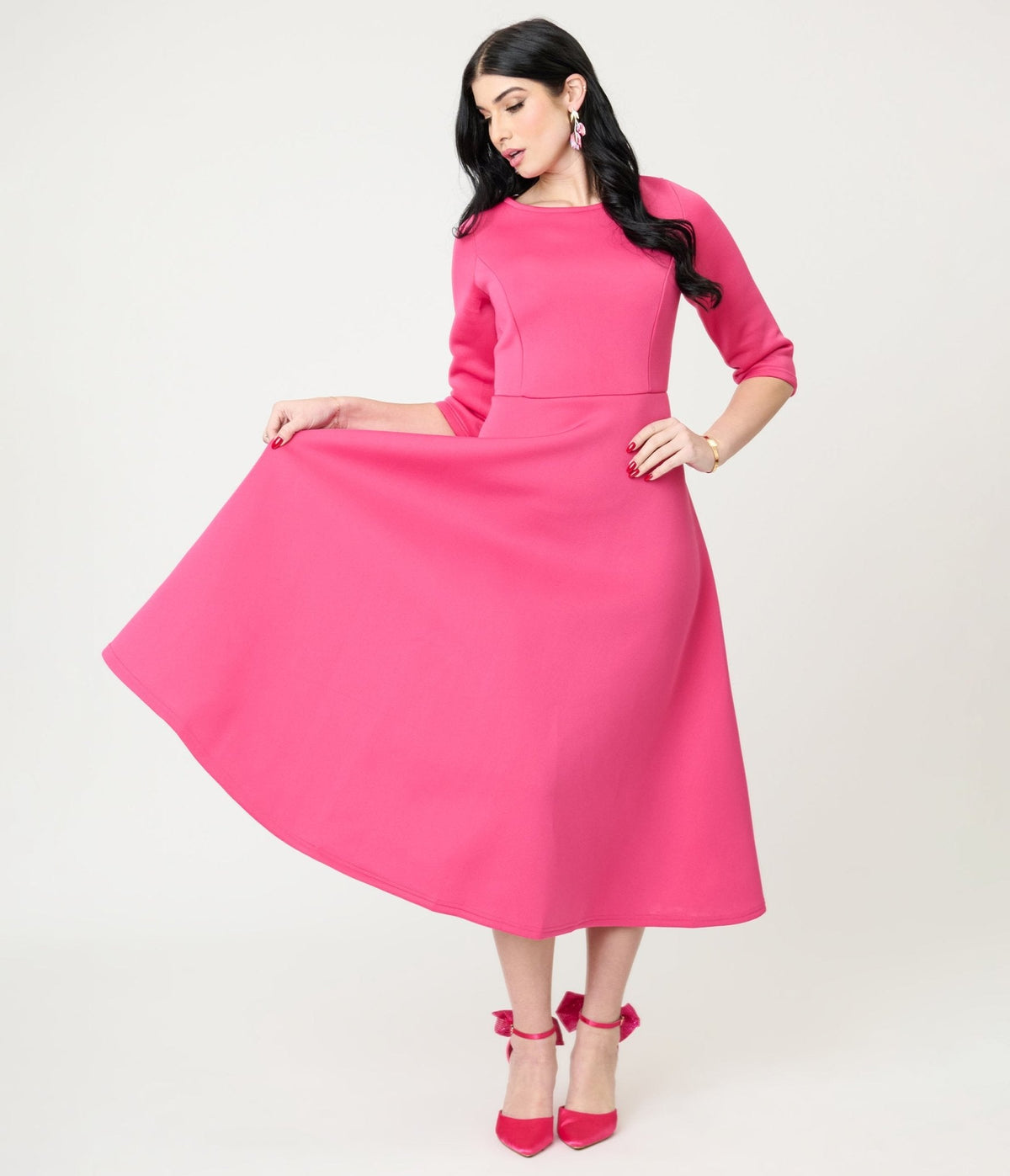 Fuchsia Three Quarter Length Sleeve Midi Dress
