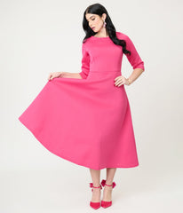 Fuchsia Three Quarter Length Sleeve Midi Dress