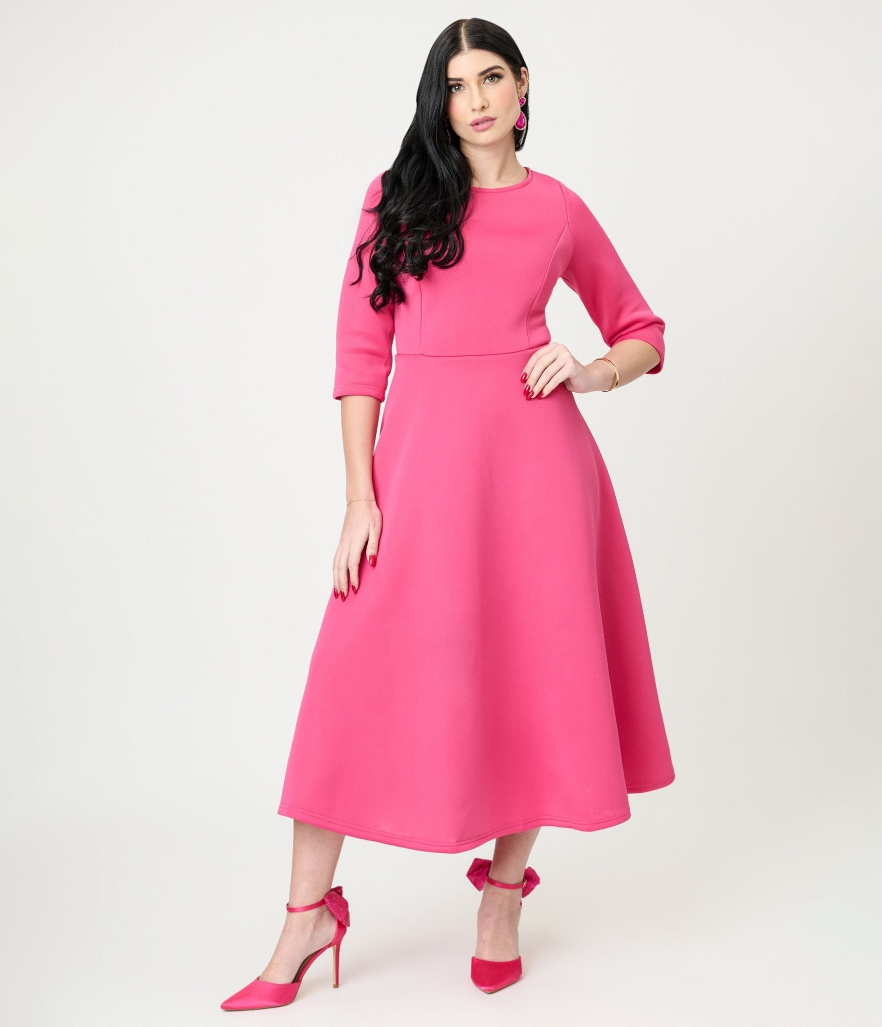 Fuchsia Three Quarter Length Sleeve Midi Dress