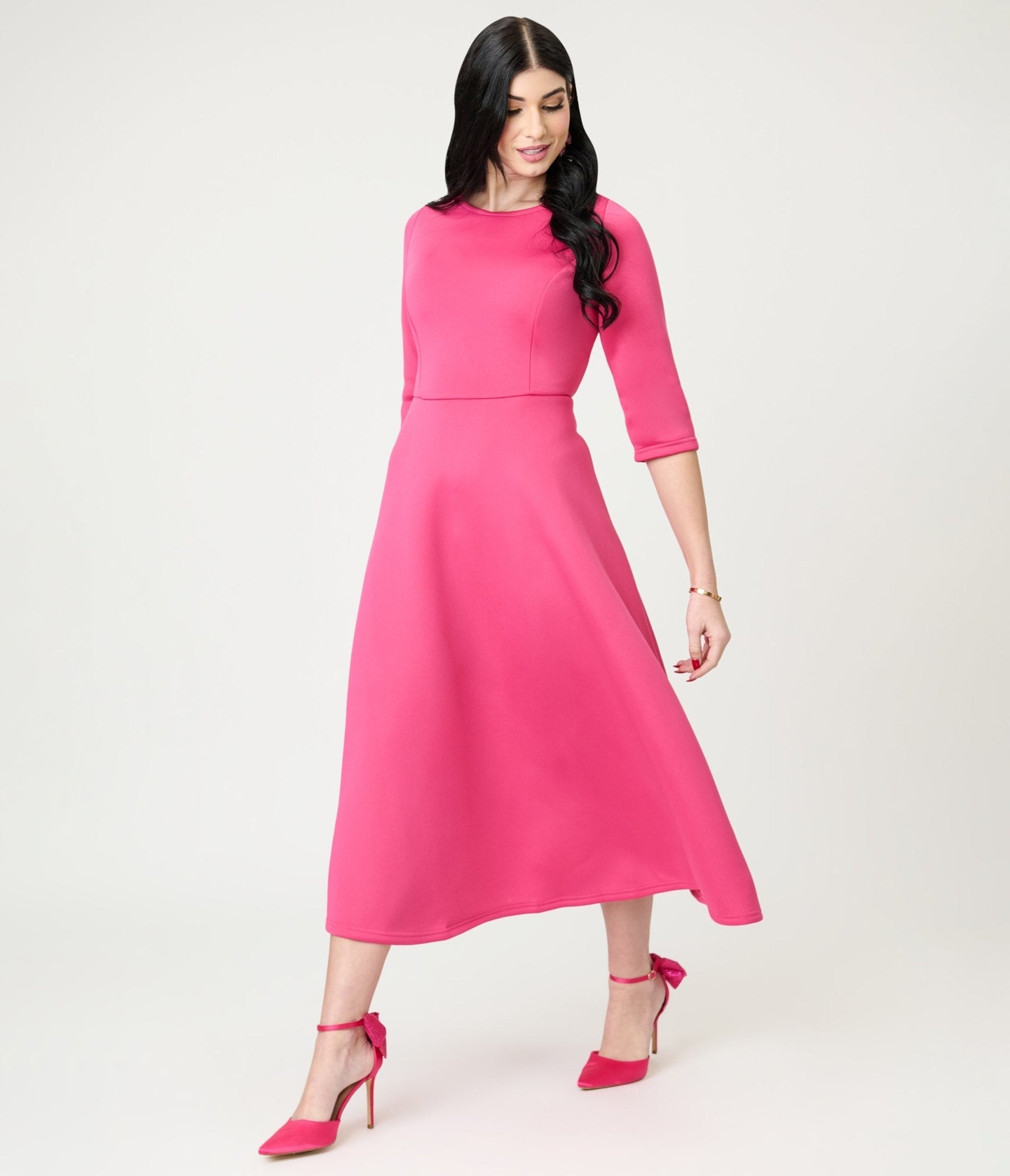 Fuchsia Three Quarter Length Sleeve Midi Dress