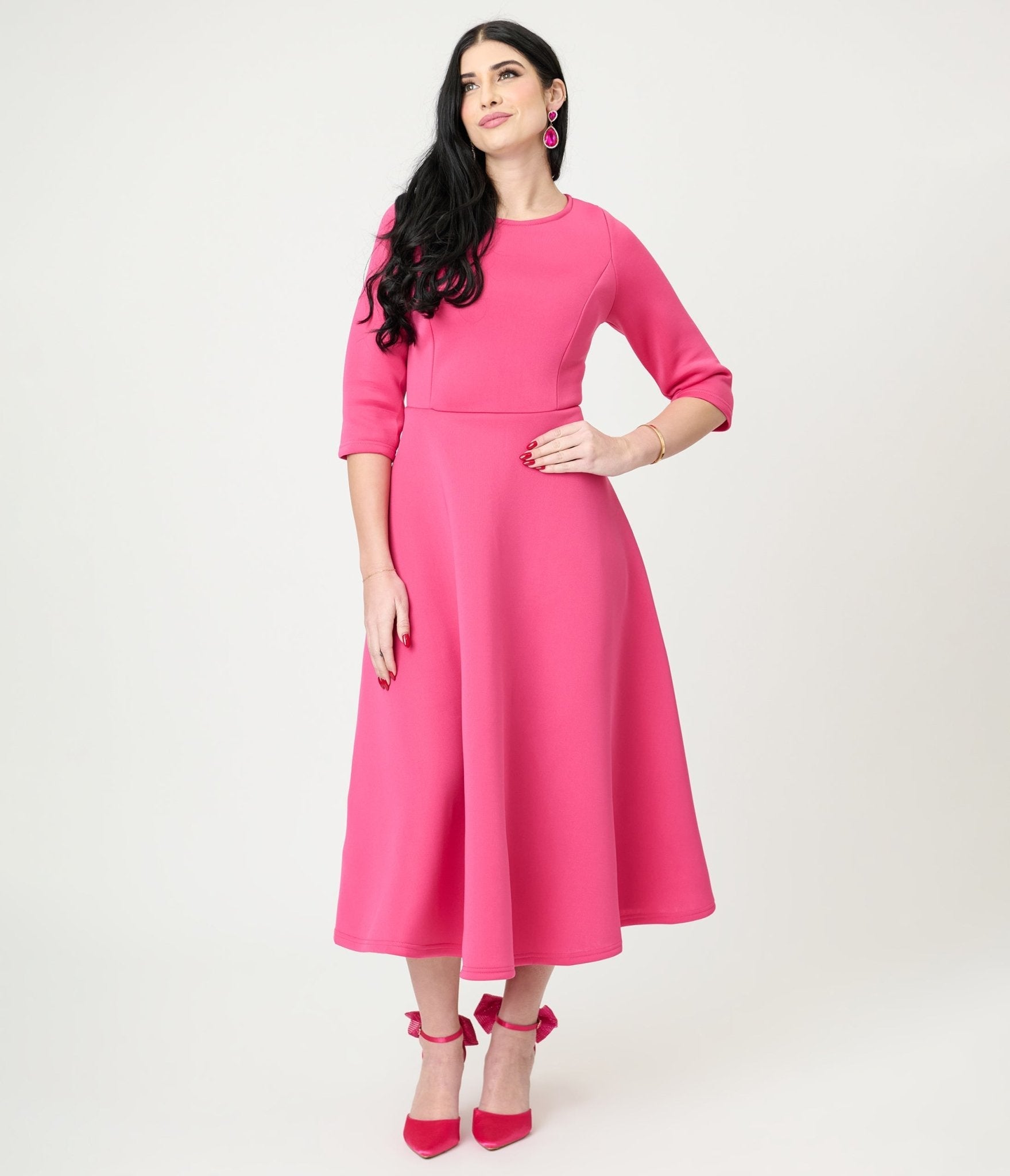 Fuchsia Three Quarter Length Sleeve Midi Dress