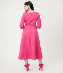 Fuchsia Three Quarter Length Sleeve Midi Dress
