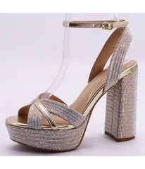 Gold Rhinestone Platform Block Heels