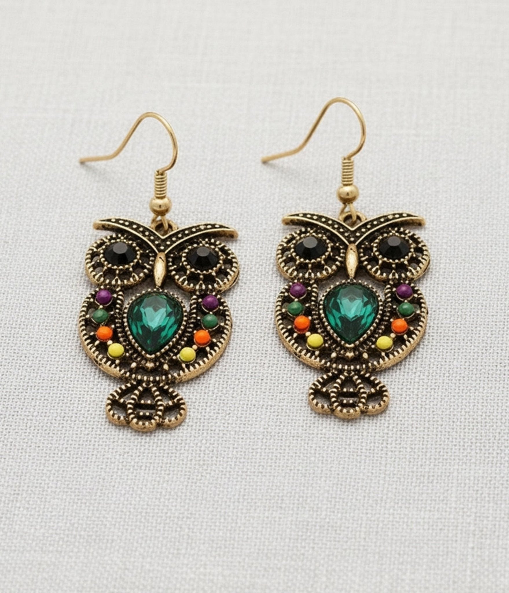 Gold Tone Bejeweled Owl Drop Earrings