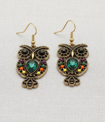Gold Tone Bejeweled Owl Drop Earrings