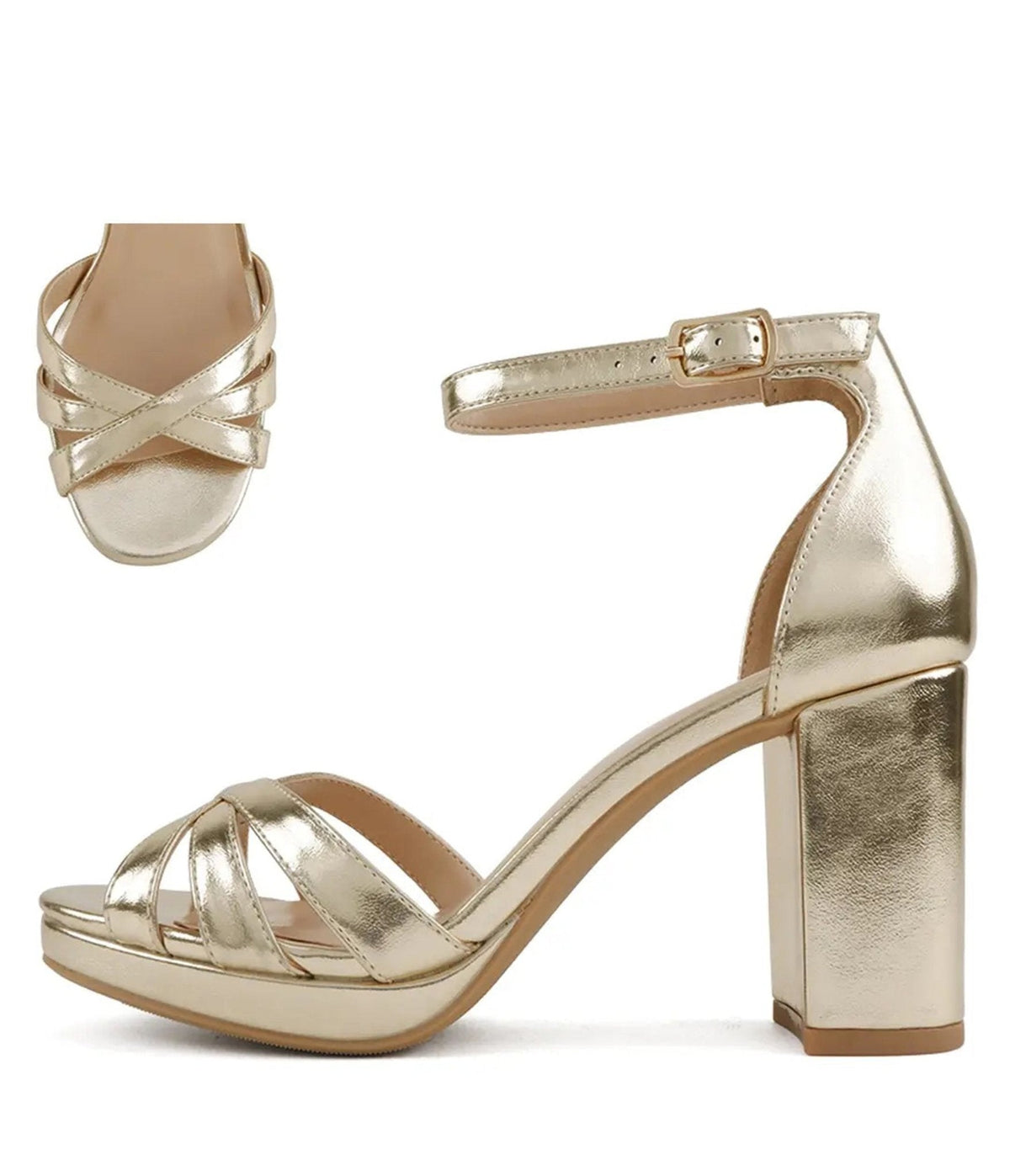 Gold Tone Leatherette Ankle Strap Tatia Heels