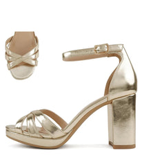 Gold Tone Leatherette Ankle Strap Tatia Heels