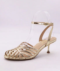 Gold Tone Metallic Leatherette Strappy Kitten Heels