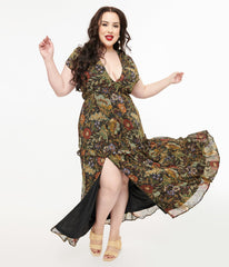 1970s Floral Chiffon Maxi Dress