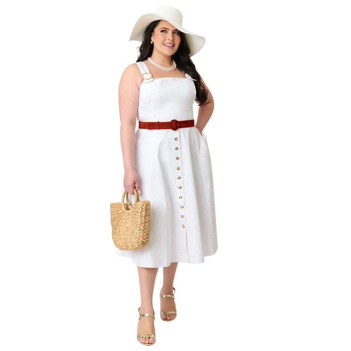 Barbie鈩?x Unique Vintage Plus Size White Picnic Perfect Midi Dress