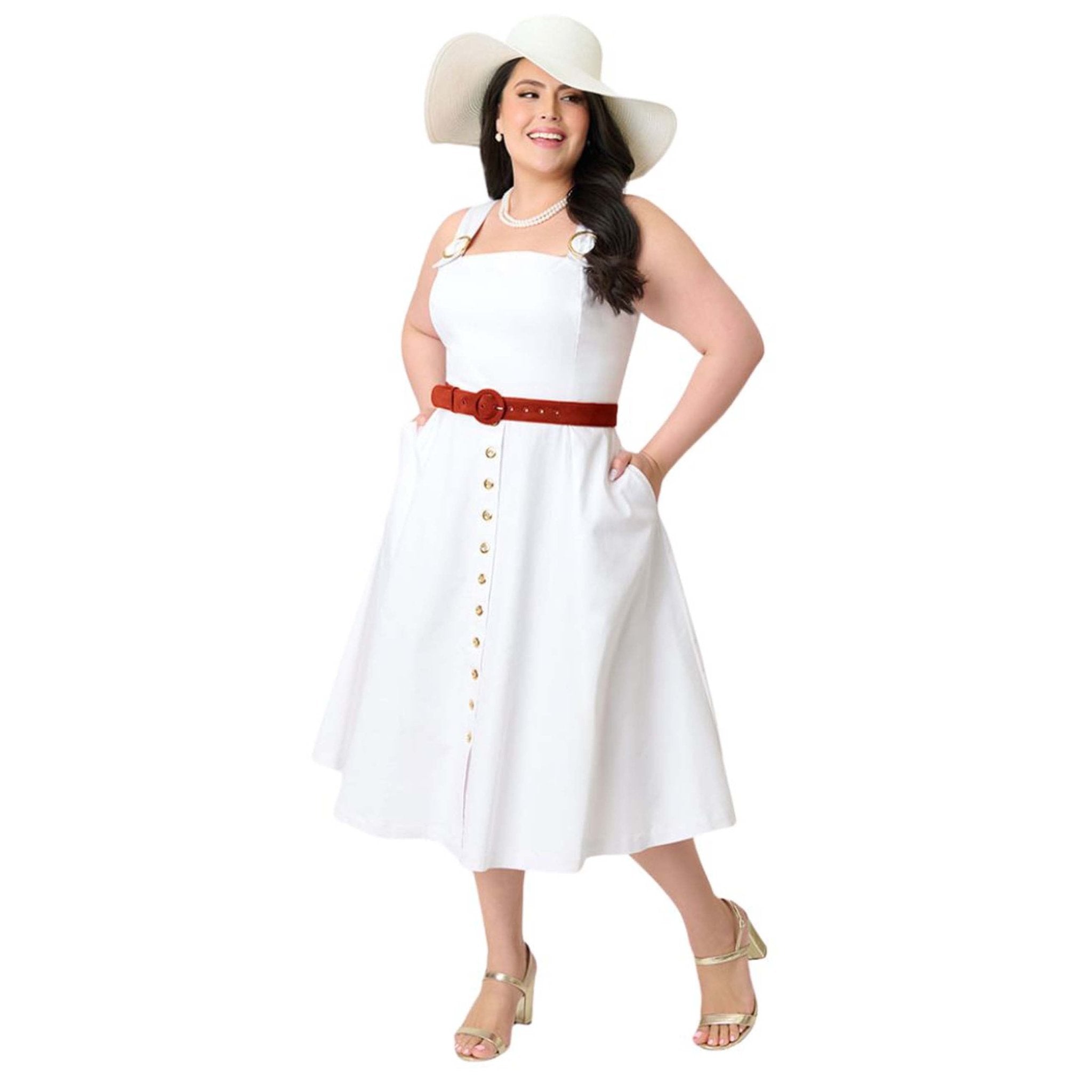 Barbie鈩?x Unique Vintage Plus Size White Picnic Perfect Midi Dress