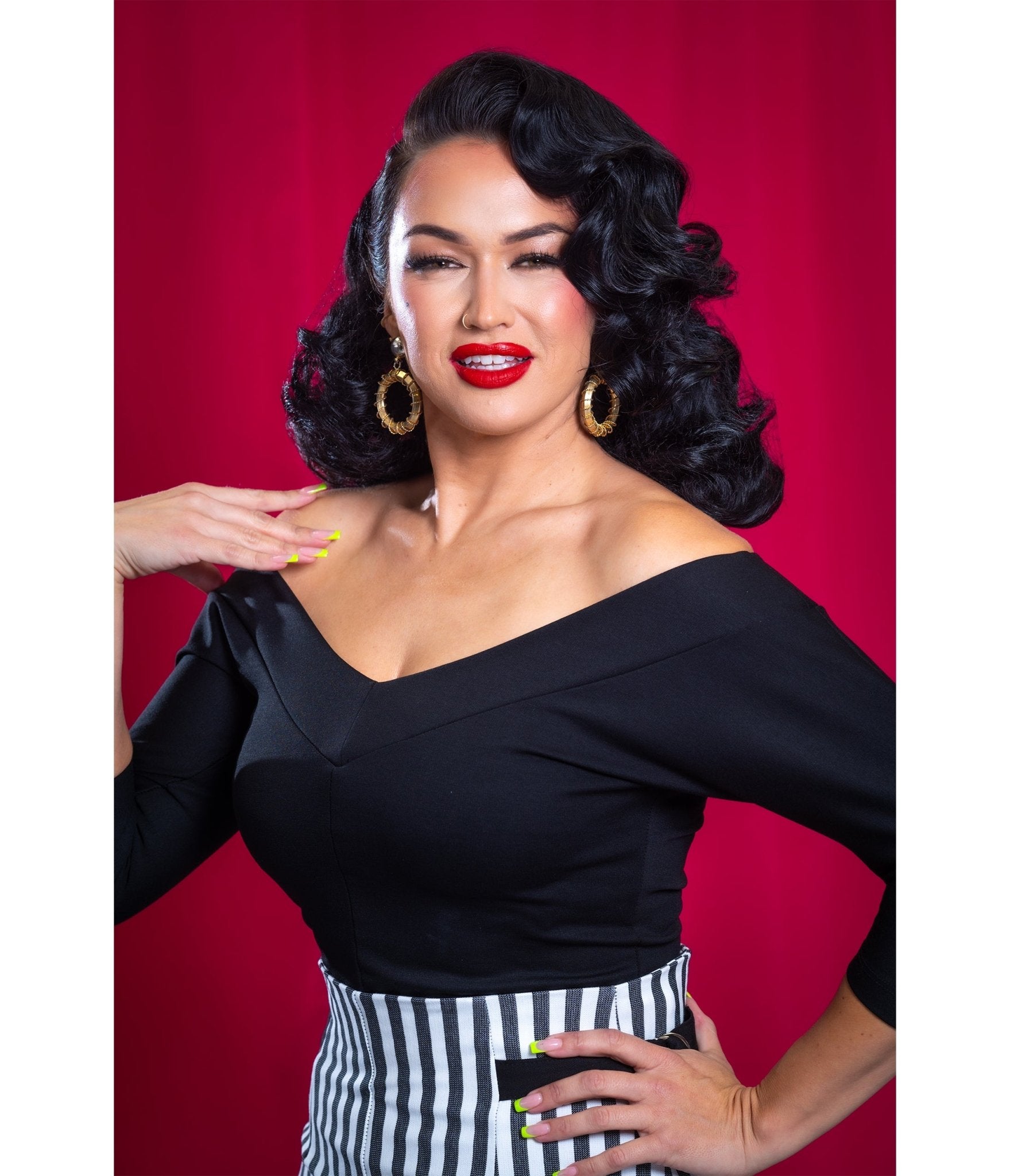 Black Midcentury V-Neck Top