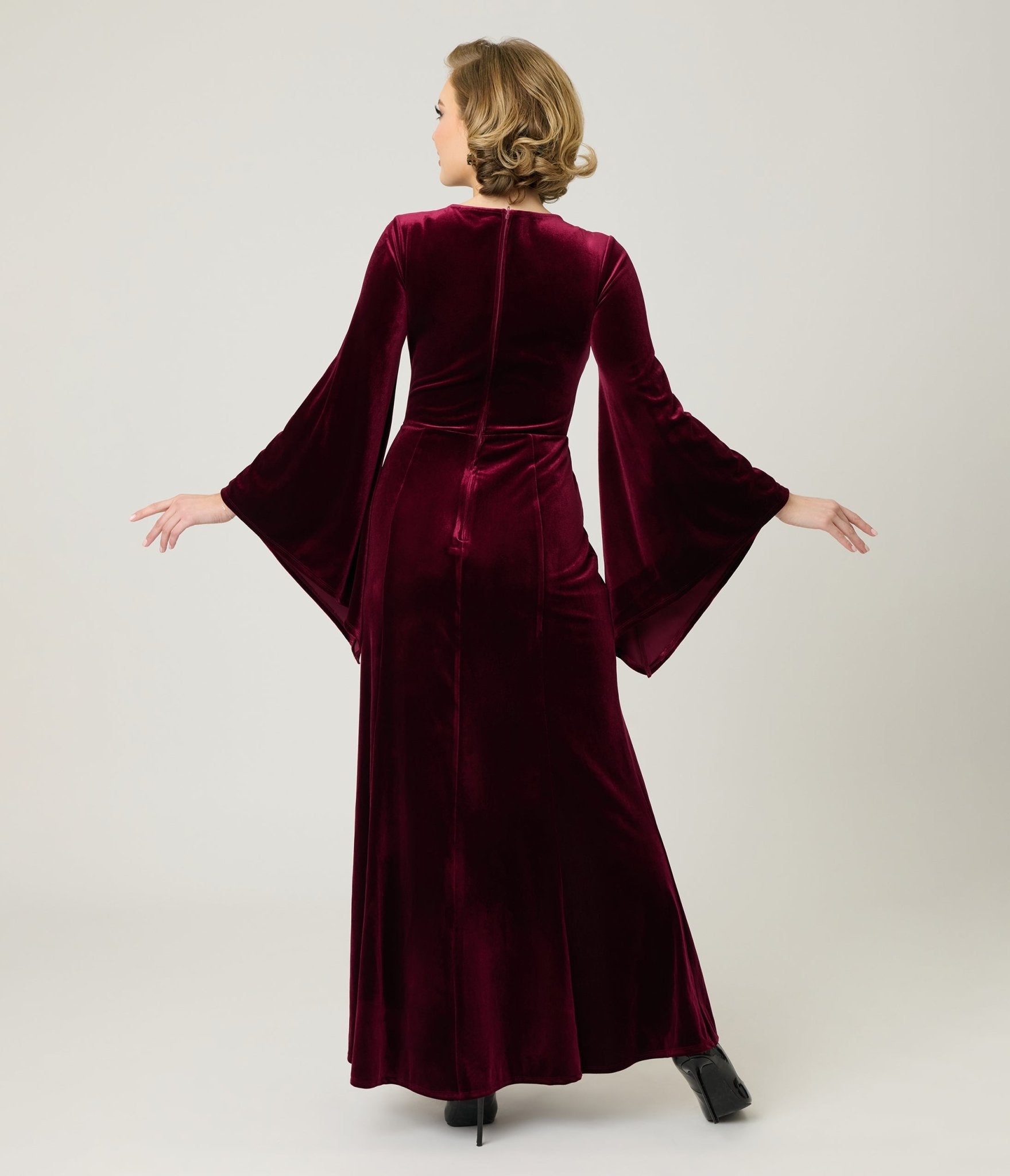 Elvira x Unique Vintage Burgundy Dagger Velvet Maxi Dress