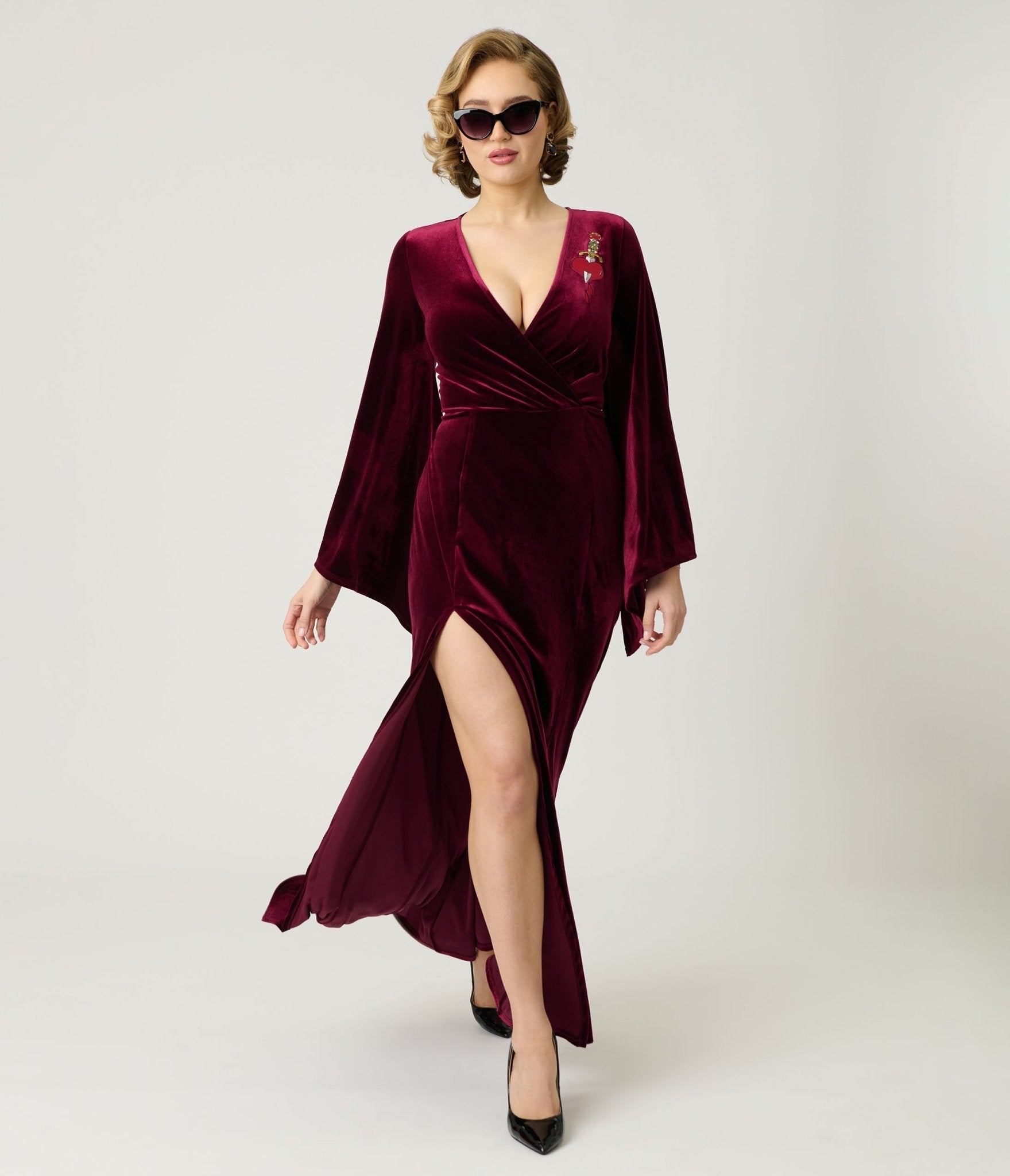 Elvira x Unique Vintage Burgundy Dagger Velvet Maxi Dress