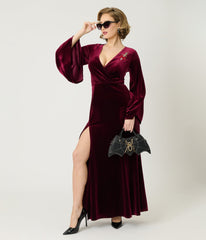 Elvira x Unique Vintage Burgundy Dagger Velvet Maxi Dress